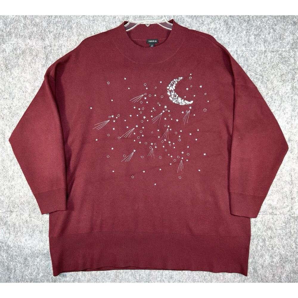Torrid Women’s Plus Size 3 Sweater Maroon Embroidered Stars Sequin Moon